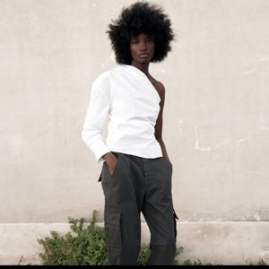 ZARA White One Shoulder Long Sleeve Dress Shirt